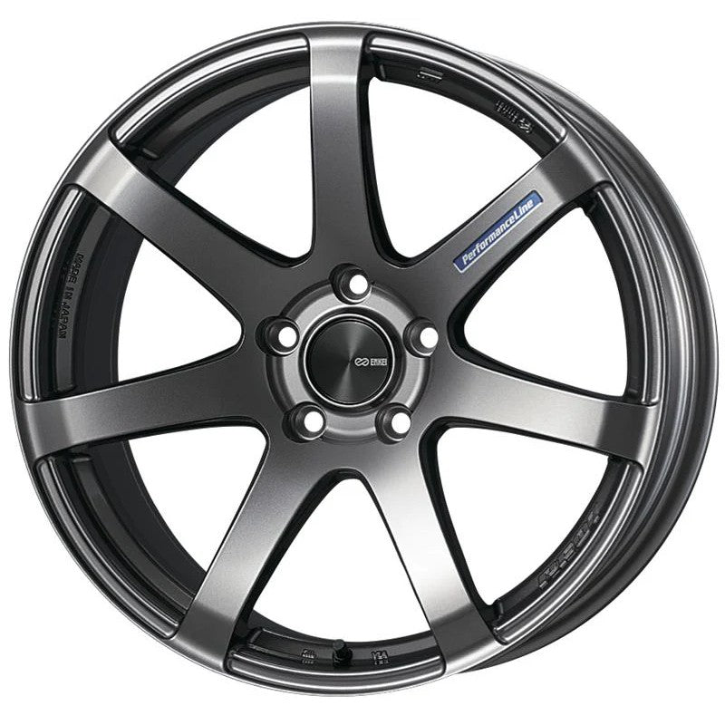 Enkei PF07 7-spoke performance wheel in Dark Silver finish, 18x9.5 size with 5x114.3 bolt pattern