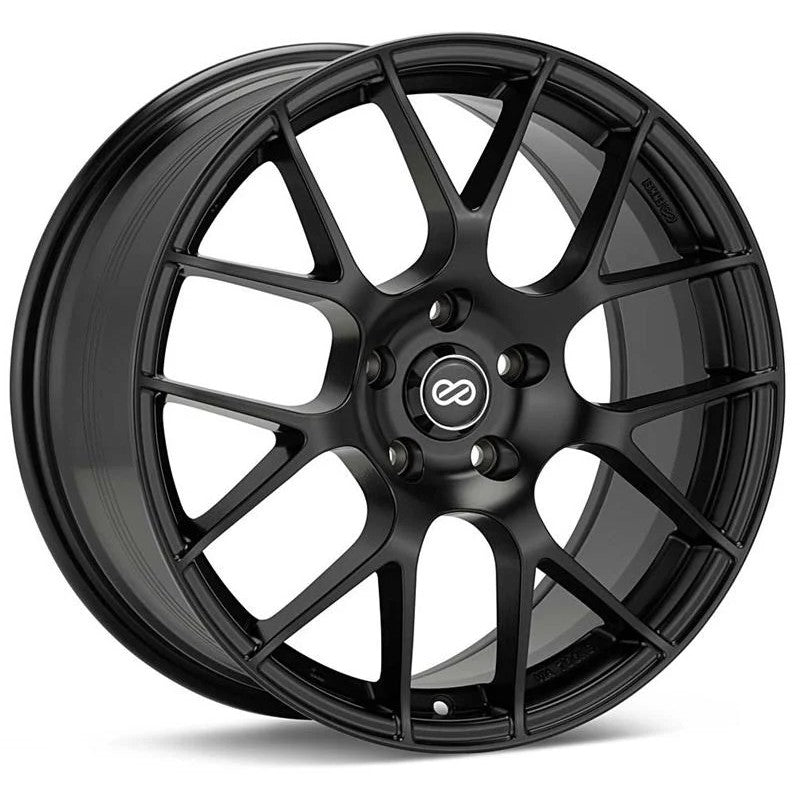 Matte black Enkei Raijin 18x8 wheel featuring a multi-spoke mesh design and 5x114.3 bolt pattern.