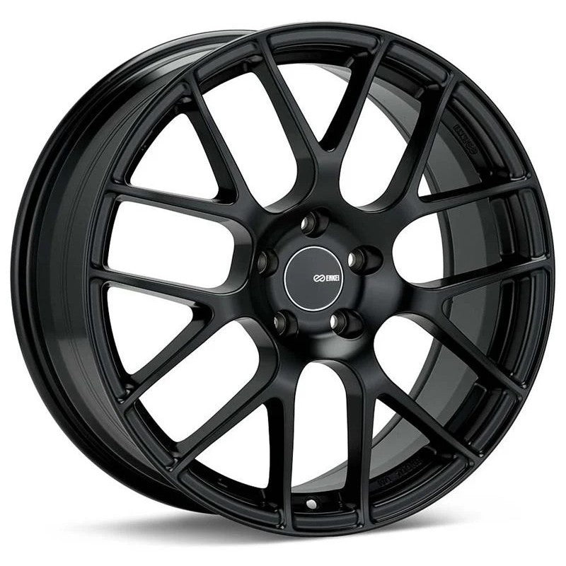 Enkei Raijin multi-spoke wheel in matte black finish, 18x8.5 size with 5x114.3 bolt pattern