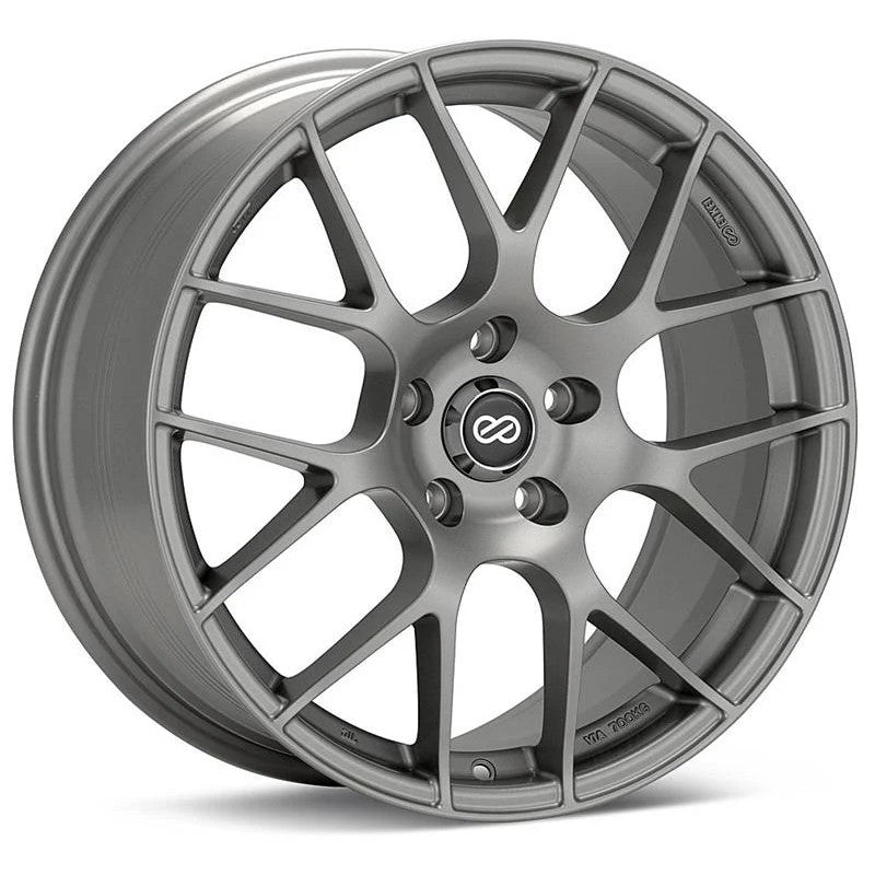 Enkei Raijin multi-spoke mesh wheel in Hyper Silver finish, 18x9.5 size with 5x120 bolt pattern.