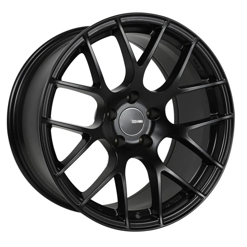 Black multi-spoke Enkei Raijin 19x9.5 wheel with 5x114.3 bolt pattern and 35mm offset.