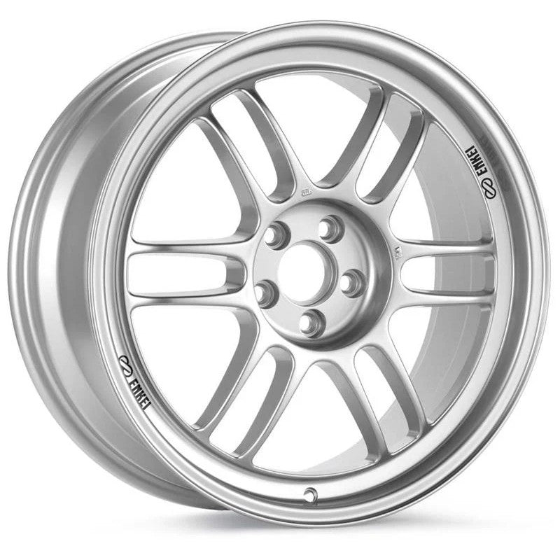 Enkei RPF1 silver 17x8 lightweight racing wheel with a twin-spoke design and 5x100 bolt pattern.