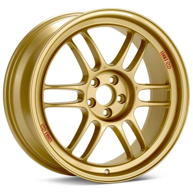 Enkei RPF1 gold twin-spoke racing wheel in 18x8 size with a 5x100 bolt pattern and 45mm offset.