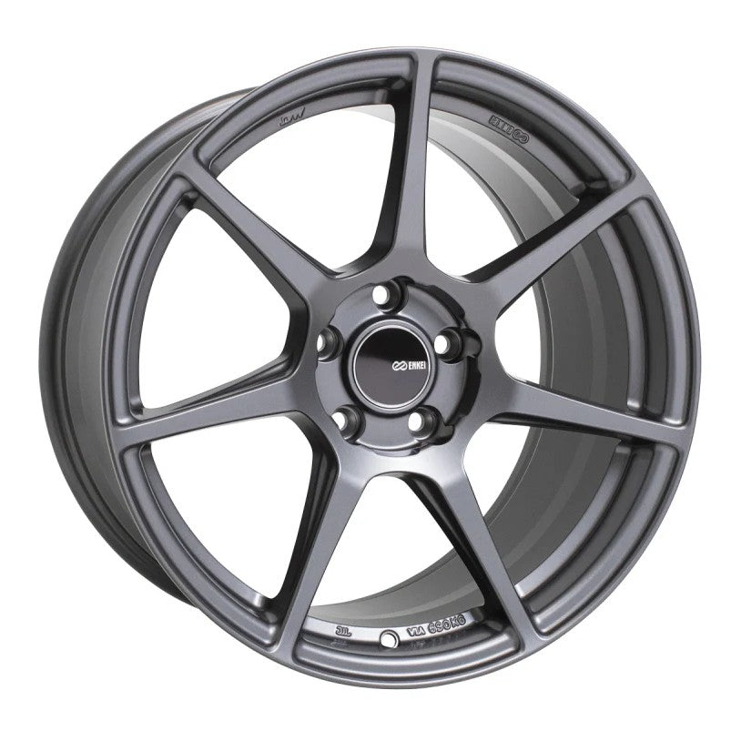 Enkei TFR 7-spoke alloy wheel in Matte Gunmetal finish, size 18x9.5 with 5x114.3 bolt pattern.