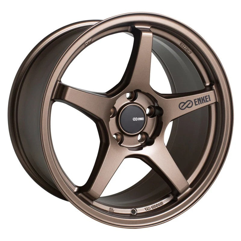 Five-spoke Enkei TS-5 performance wheel in bronze finish, 17x8 size with 5x114.3 bolt pattern.