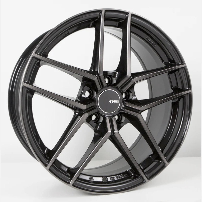 Pearl black Enkei TY5 slim five-spoke wheel in 19x9.5 size with 5x114.3 bolt pattern.