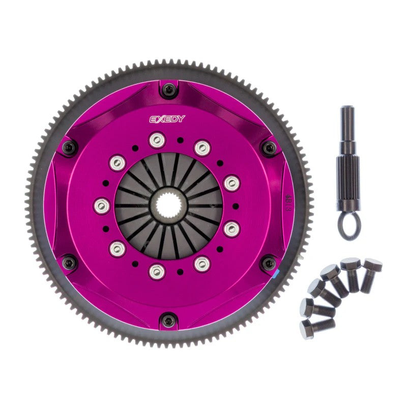 Exedy Hyper Twin multi-plate clutch assembly with cerametallic sprung center discs and gold-finished cover plate.