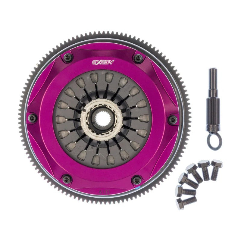 Exedy Hyper Twin multi-plate cerametallic clutch kit with forged aluminum cover and chromoly flywheel for Skyline GT-R.