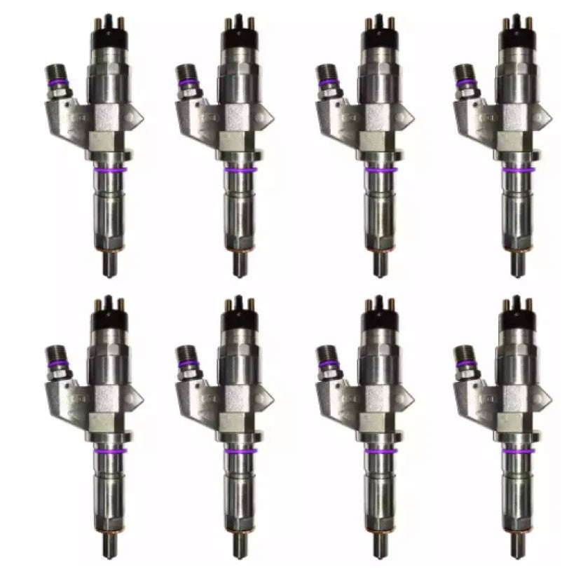 Set of eight Exergy Sportsman remanufactured fuel injectors for 2001-2004 LB7 6.6L Chevrolet Duramax diesel engines.