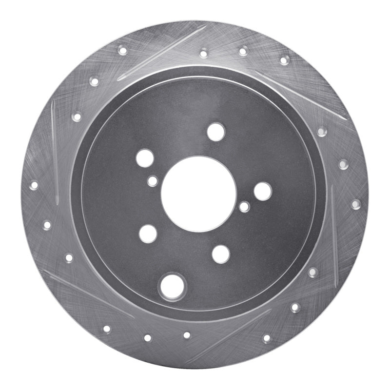 R1 Concepts silver finish rear left brake rotor featuring drilled holes and diamond-cut slots.