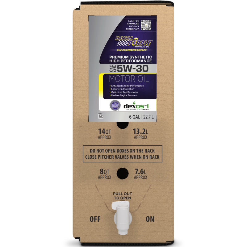 Royal Purple 5W-30 High Performance Synthetic Motor Oil in a 6 gallon bag-in-box dispenser