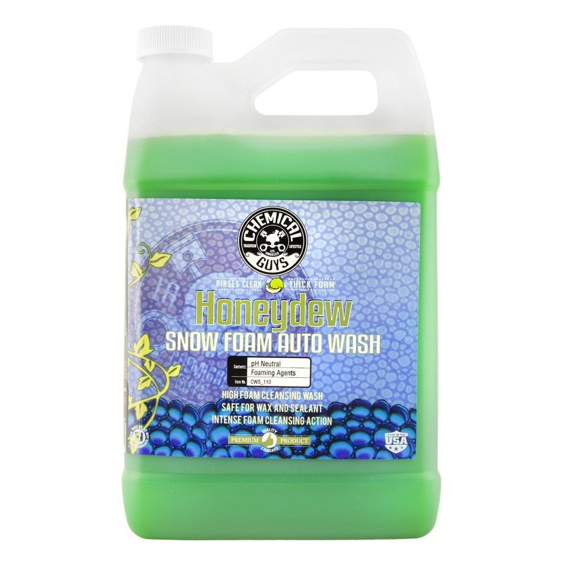 One gallon bottle of Chemical Guys Honeydew Snow Foam showing the bright green concentrated car wash liquid.
