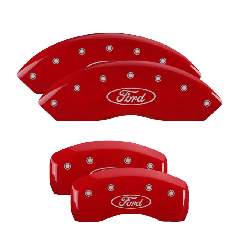 MGP Ford Red powder-coated aluminum caliper covers with engraved silver oval logo for Ford Fusion.