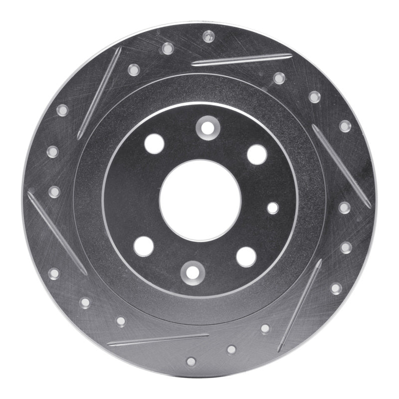 Silver drilled and slotted rear left brake rotor featuring precision machined holes and cooling vents.