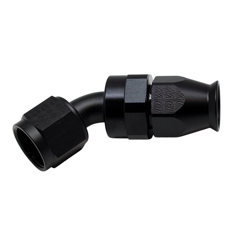 Matte black anodized 8AN female swivel 45-degree PTFE hose end fitting with olive insert
