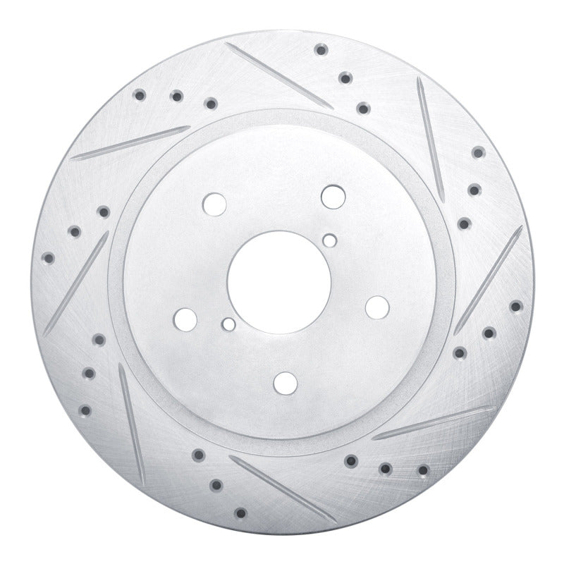 R1 Concepts silver-finished drilled and slotted brake rotor for rear passenger side.