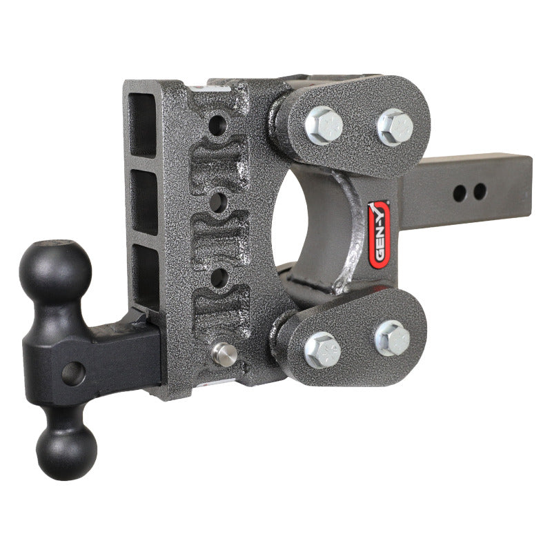 Gen-Y Boss Torsion-Flex adjustable 5 inch drop hitch with 2.5 inch shank and heavy-duty steel dual ball mount.