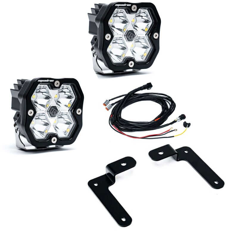 Baja Designs Squadron 2.0 Sportsmen LED spot lights with black A-pillar mounting brackets for Jeep Wrangler and Gladiator.