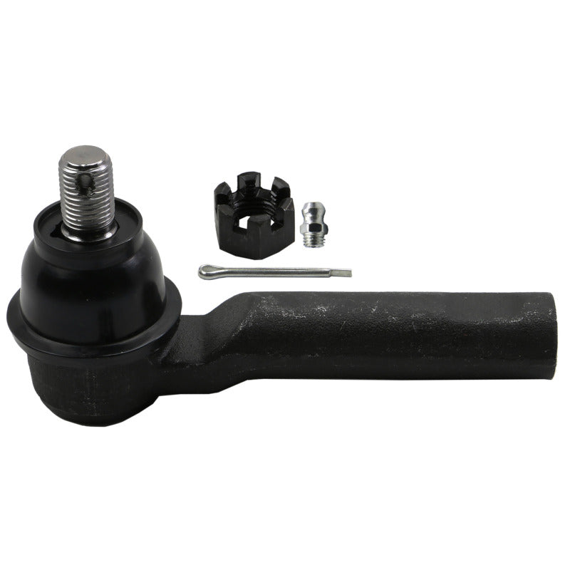 MOOG QuickSteer front outer tie rod end featuring forged alloy steel housing and a protective black dust boot.