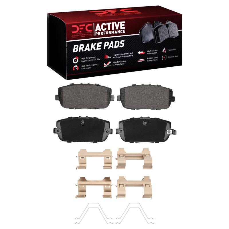 DFC Active Performance rear brake pad set with included stainless steel mounting hardware kit.