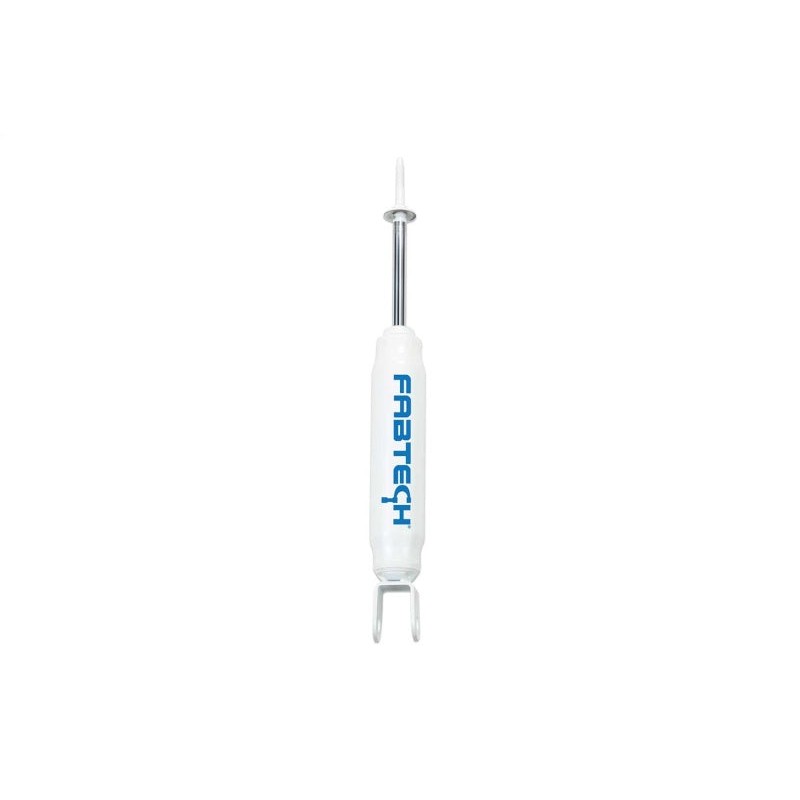 Fabtech Performance Series front twin-tube hydraulic shock absorber with silver finish and black polyurethane bushings.