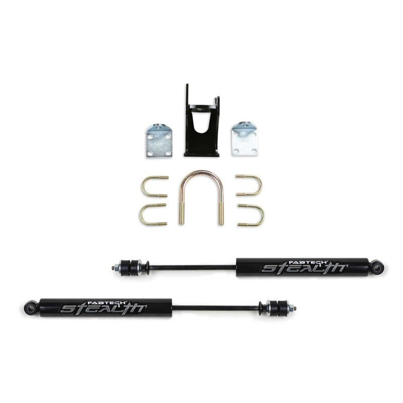 Fabtech FTS8046 Dual Stealth Opposing Steering Stabilizer Kit with black shocks and heavy-duty mounting brackets.