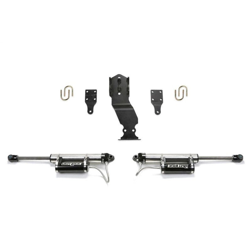Fabtech dual steering stabilizer system with two Dirt Logic 2.25 reservoir shocks and black mounting hardware.