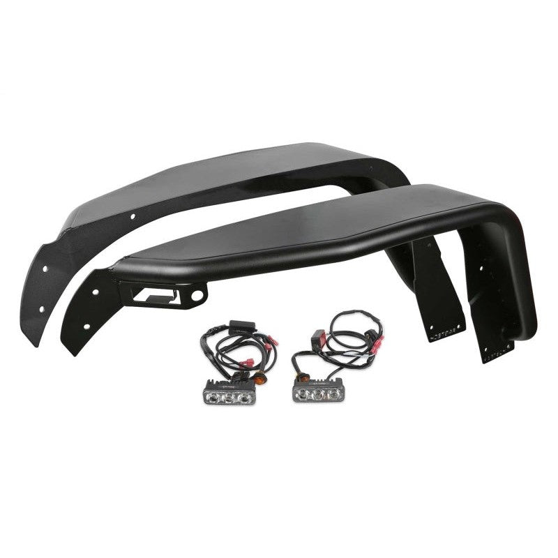 Fabtech FTS24212 front steel tube fenders in textured black with LED lighting for 2018-2026 Jeep Wrangler and Gladiator.