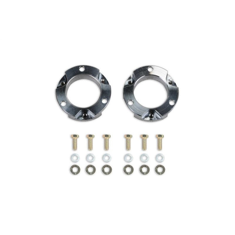 Fabtech 1.5-inch CNC machined aircraft-grade billet aluminum front leveling spacers for 2021-2025 Ford Bronco.
