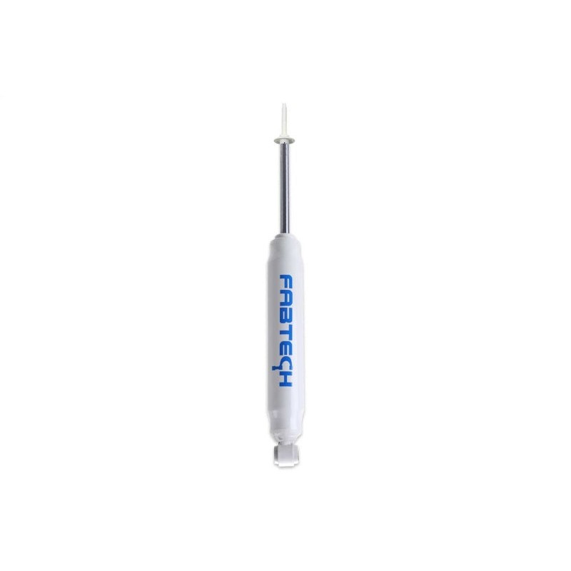 Fabtech Performance series twin-tube hydraulic front shock absorber with white body and blue dust boot
