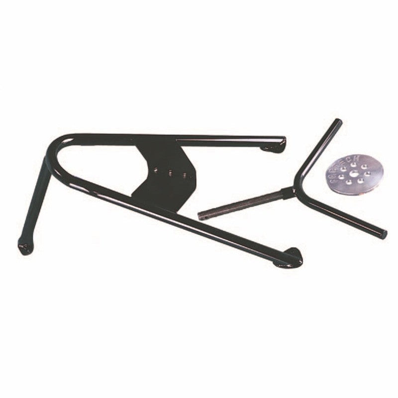 Black MIG-welded 1.25-inch steel angled spare tire mount for truck bed installation