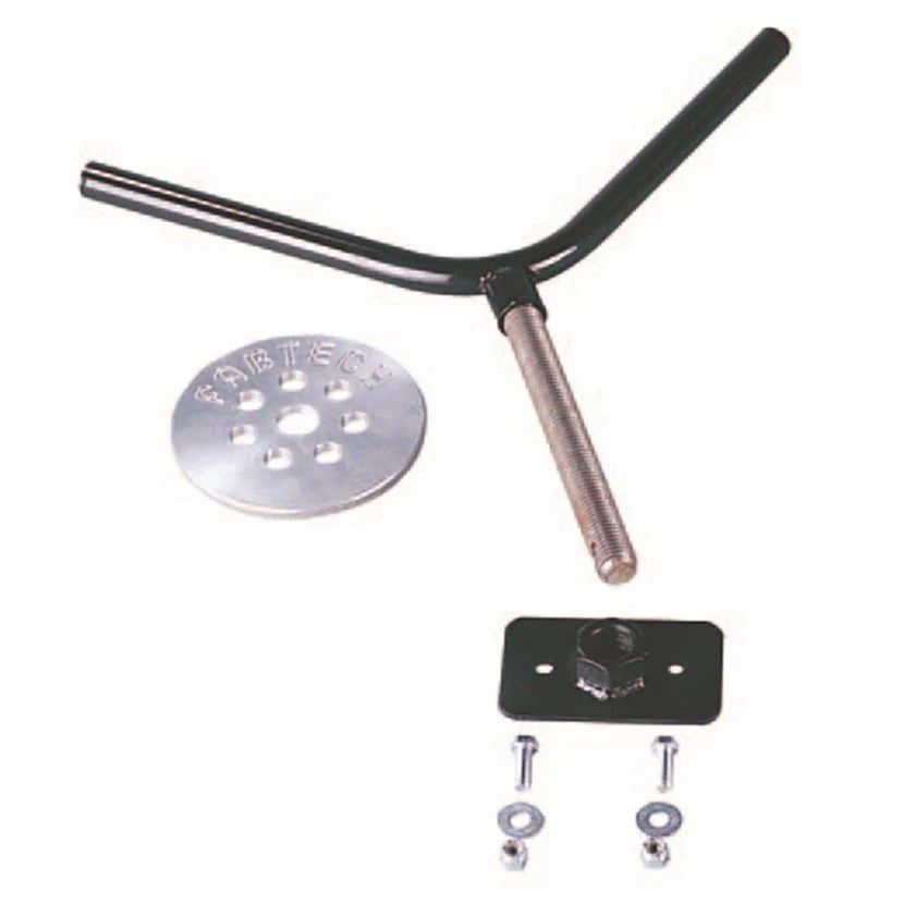 Fabtech FTT10001BK black universal spare tire flat mount base plate for truck bed installation.