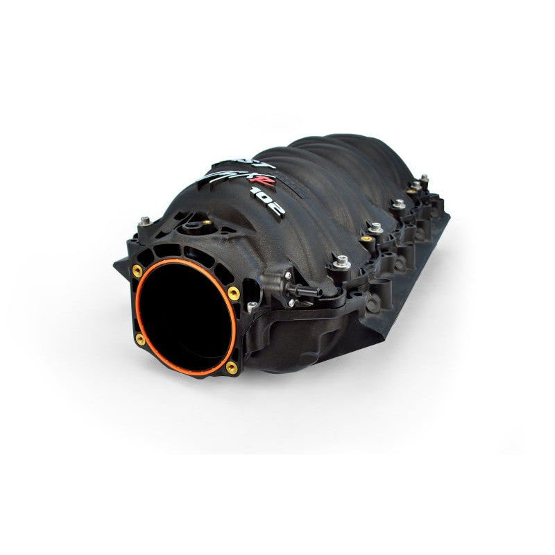 FAST LSXR 102mm Gen III LS intake manifold in black polymer finish showing the multi-piece shell construction