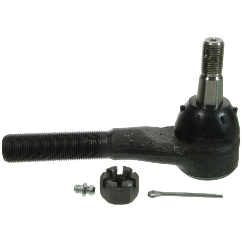 MOOG Problem Solver front left outer tie rod end with grease fitting, castle nut, and cotter pin.