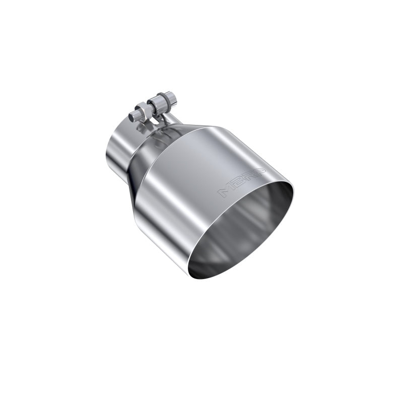 Mirror polished T304 stainless steel exhaust tip with 5-inch angle cut outlet and 3-inch inlet.