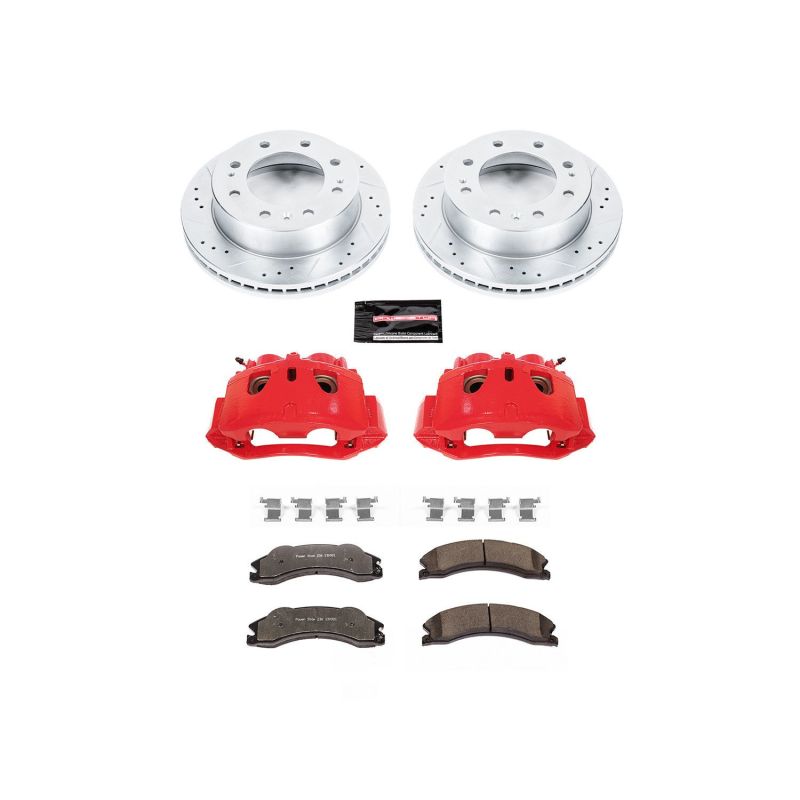 Power Stop Z36 front brake upgrade kit with red powder-coated calipers and drilled and slotted zinc-plated rotors.