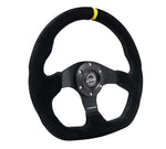 NRG Innovations Reinforced 320mm Sport Suede Flat Bottom Steering Wheel - Yellow Center Mark