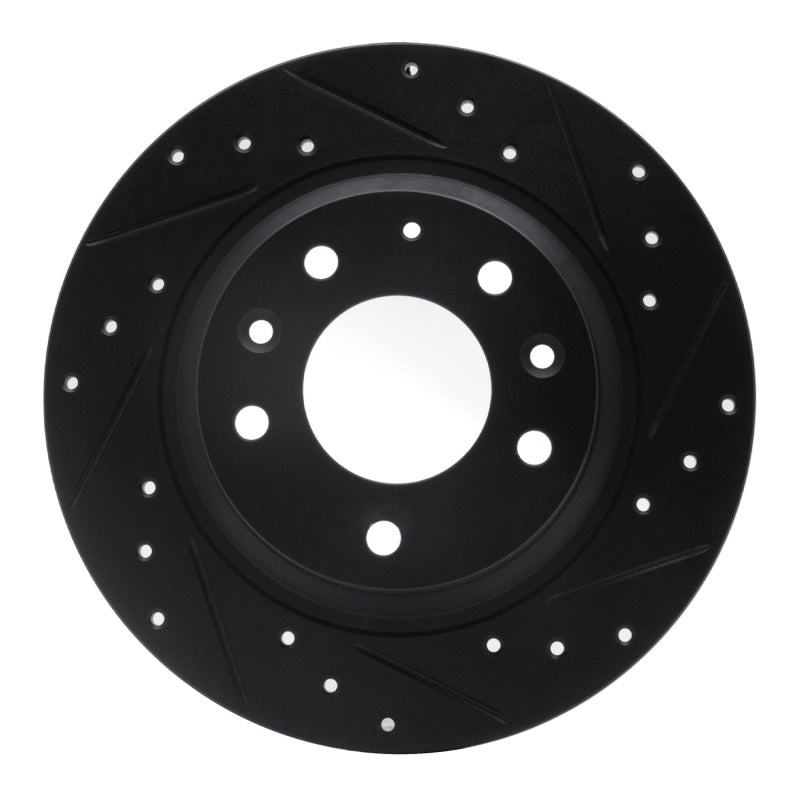 R1 Concepts black drilled and slotted rear right brake rotor for select 1998-2015 Ford, Lincoln, and Mazda models.