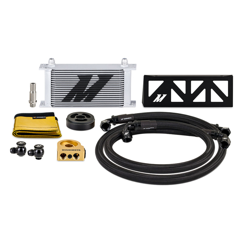 Mishimoto silver 19-row oil cooler kit with -10AN braided steel lines and bracket for 2022-2026 Subaru BRZ and Toyota GR86