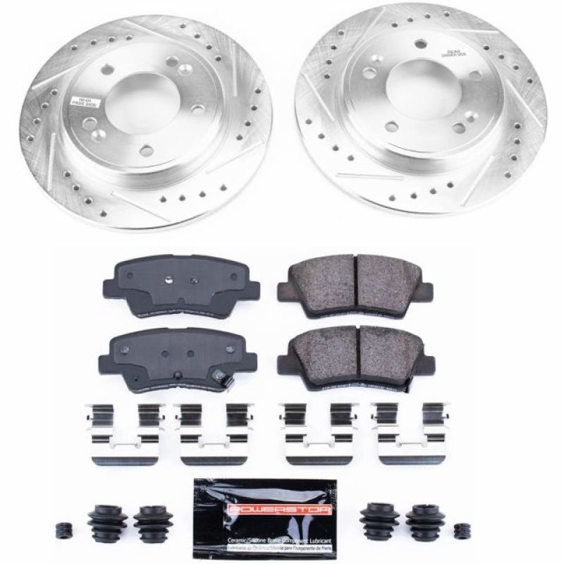 Power Stop K8331 Z23 Evolution Sport rear brake kit featuring two drilled and slotted rotors and carbon-fiber ceramic pads.