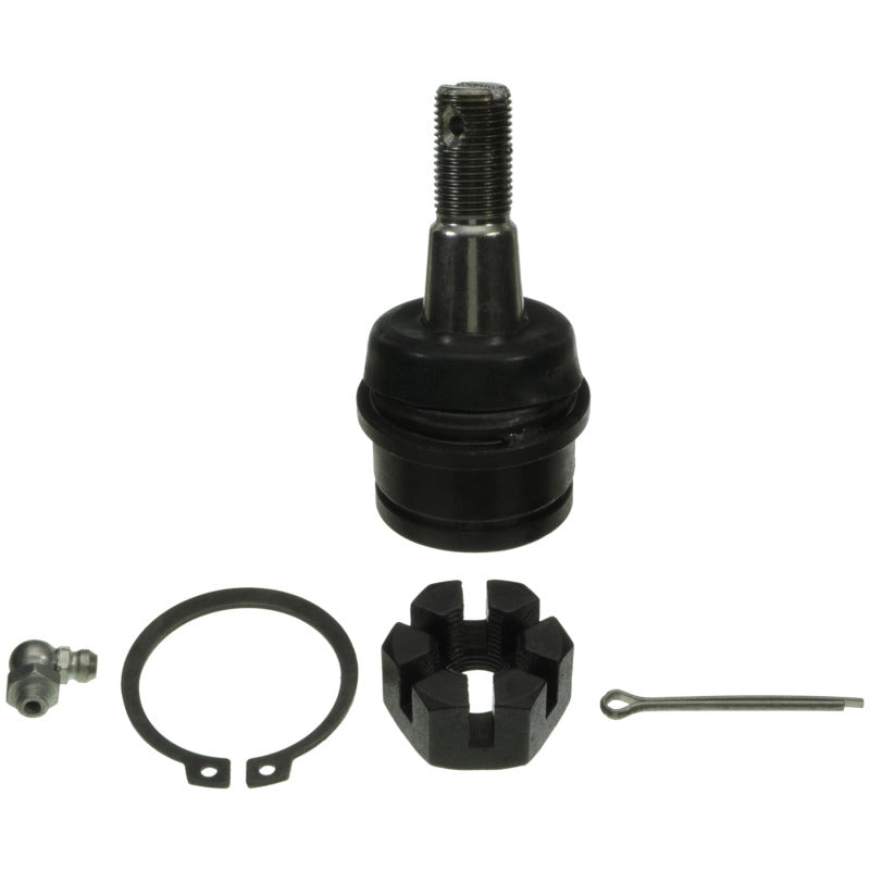MOOG front lower ball joint with heavy-duty steel housing and a black protective rubber dust boot.