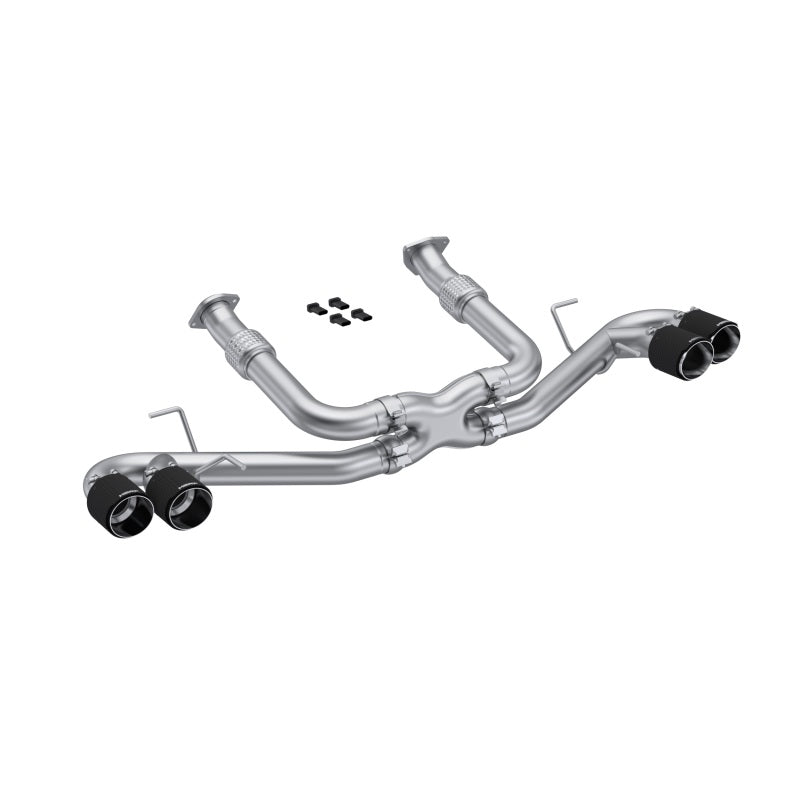 MBRP Armor Pro T304 stainless steel cat-back exhaust system for Corvette C8 with quad carbon fiber tips and X-pipe.