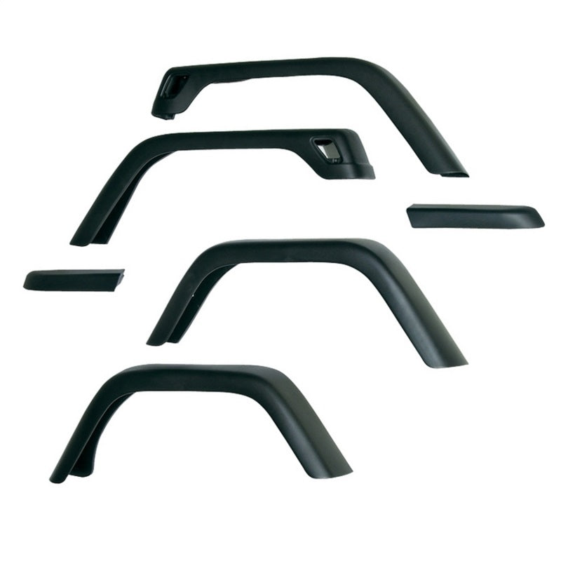 Six-piece Omix 7-inch oversized black thermoplastic fender flare kit for 1997-2006 Jeep Wrangler TJ.