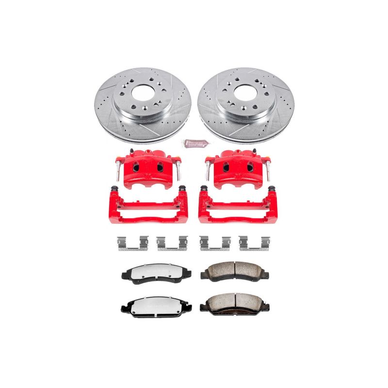 Power Stop Z36 front brake kit with red powder-coated calipers, drilled and slotted rotors, and carbon-fiber ceramic pads