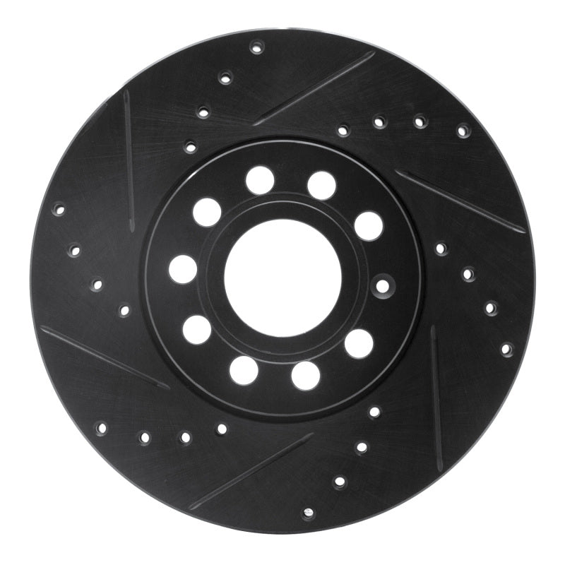 R1 Concepts front left drilled and slotted brake rotor with black anti-corrosion finish