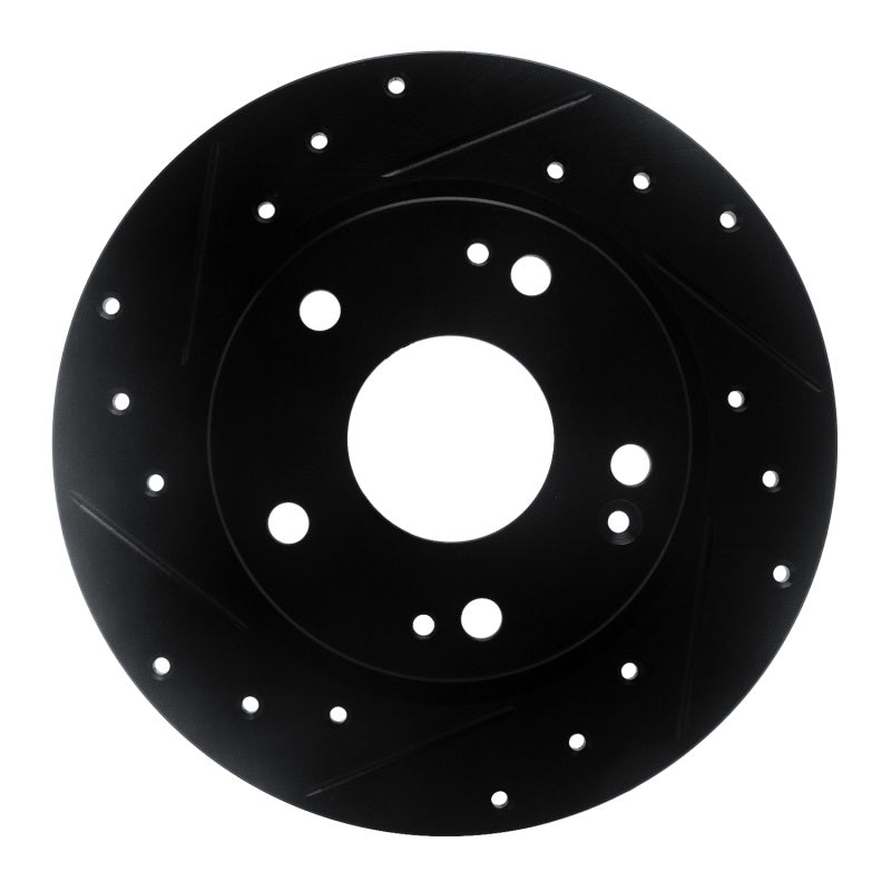 R1 Concepts black finish drilled and slotted rear left brake rotor for 2016-2026 Honda Civic and Insight models