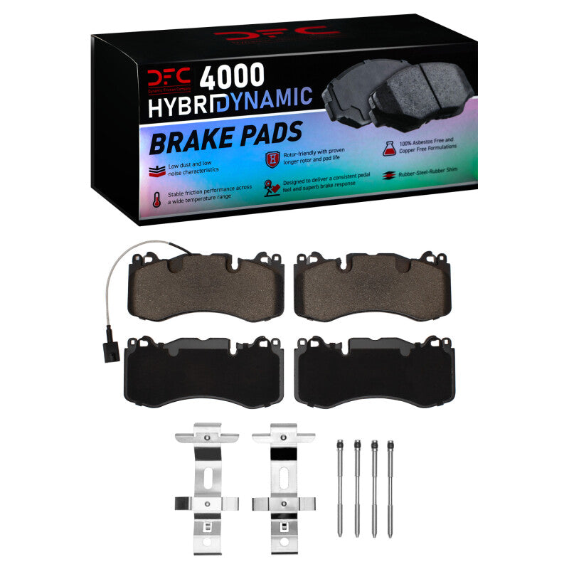 DFC 4000 HybriDynamic front brake pad set with stainless steel installation hardware clips.