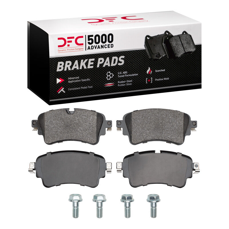 DFC 5000 Advanced series rear low metallic brake pads shown with included stainless steel hardware clips.