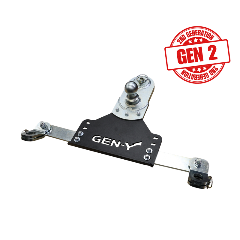Gen-Y GoosePuck II 5-inch offset gooseneck ball mount with integrated safety chain anchors for GM puck systems.