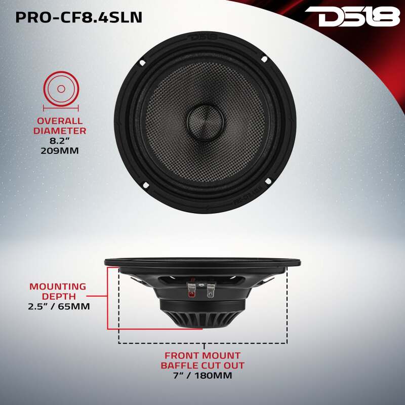 DS18 8" Shallow Mid-Range Loudspeaker - 4-Ohm, 200W RMS with Neodymium Magnet